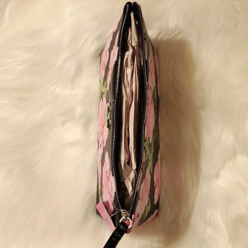 Betsey Johnson Printed Pebble Wristlet Flowers Black and Pink